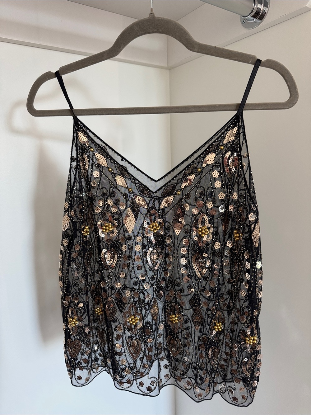 Beaded Black Sequin V-Neck Tank
